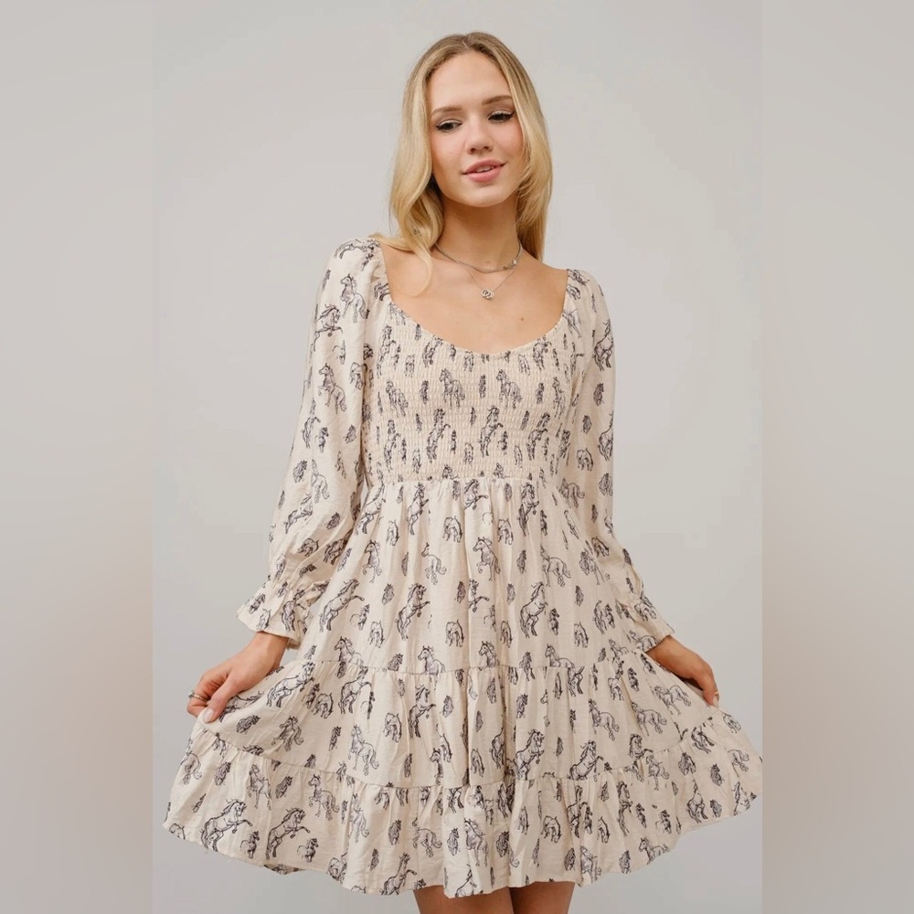 Blue B Cream Horse Print Puff Sleeve Tiered Mini Dress